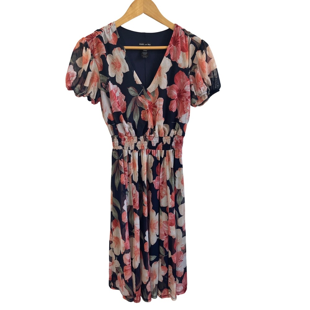 Kate and Lily‎ Navy Floral Mesh V-Neck Smocked Waist Midi Dress Womens 6